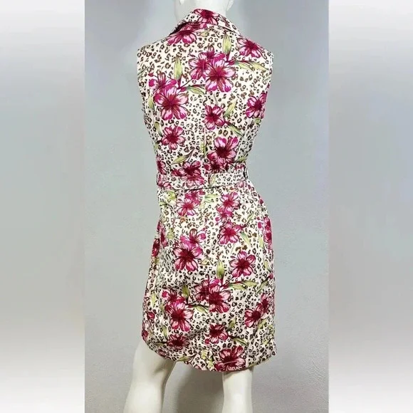 White Stag Button Front Sleeveless Leopard Floral Shirt Dress Ladies 8 Belted - Picture 3 of 8